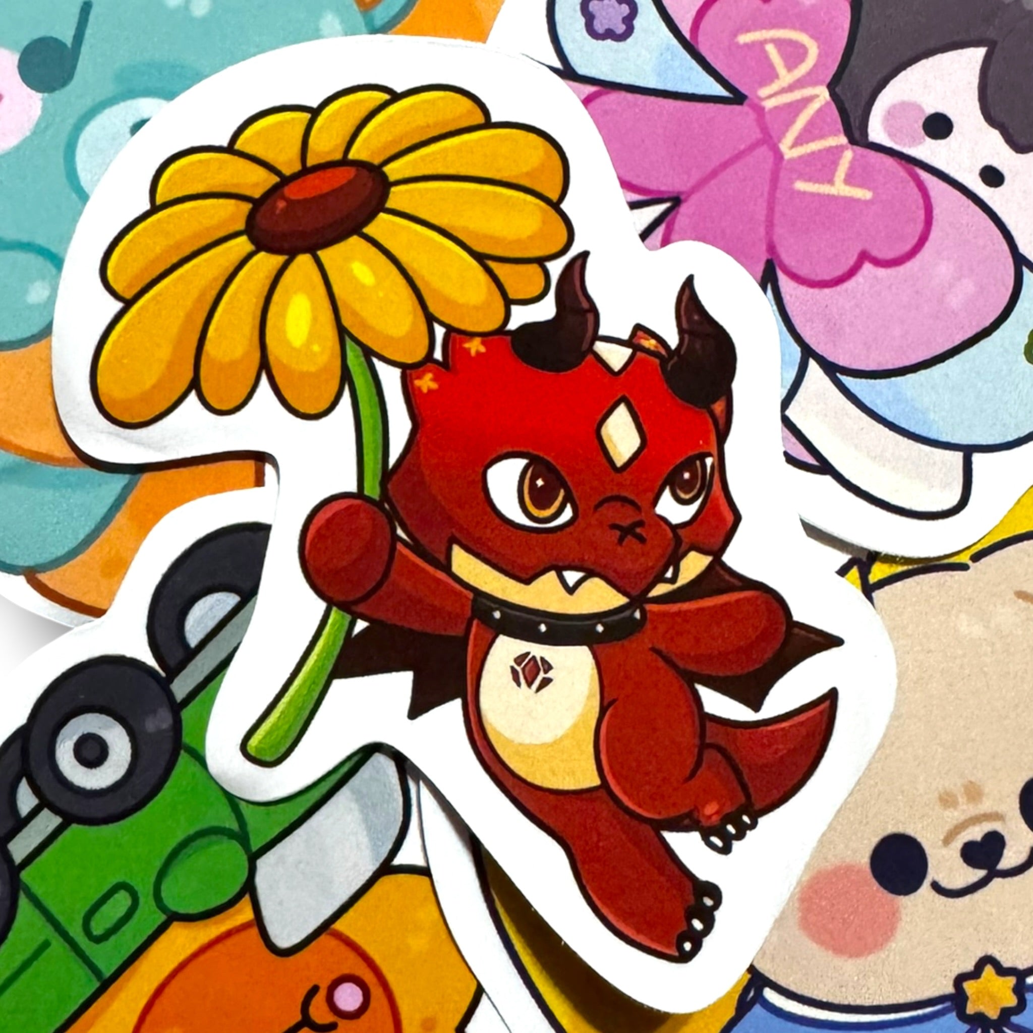 Red Flarey Sunflower Bag Sticker 3”